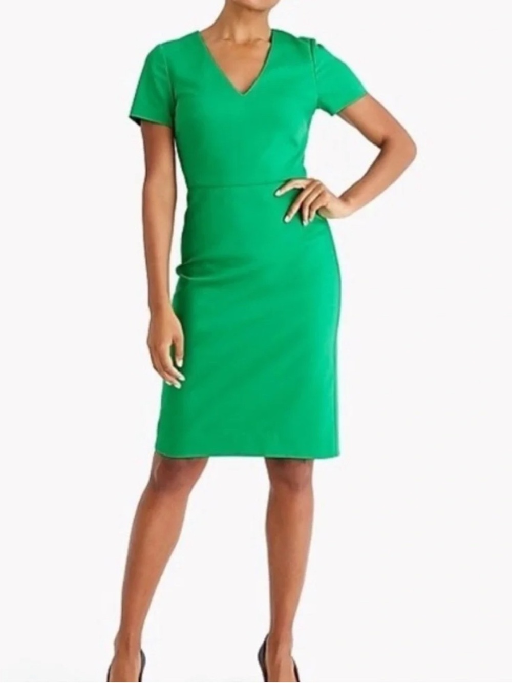 J Crew Kelly Green Short Cap Sleeve V-Neck Back Slit Stretch Sheath Dress Size 0